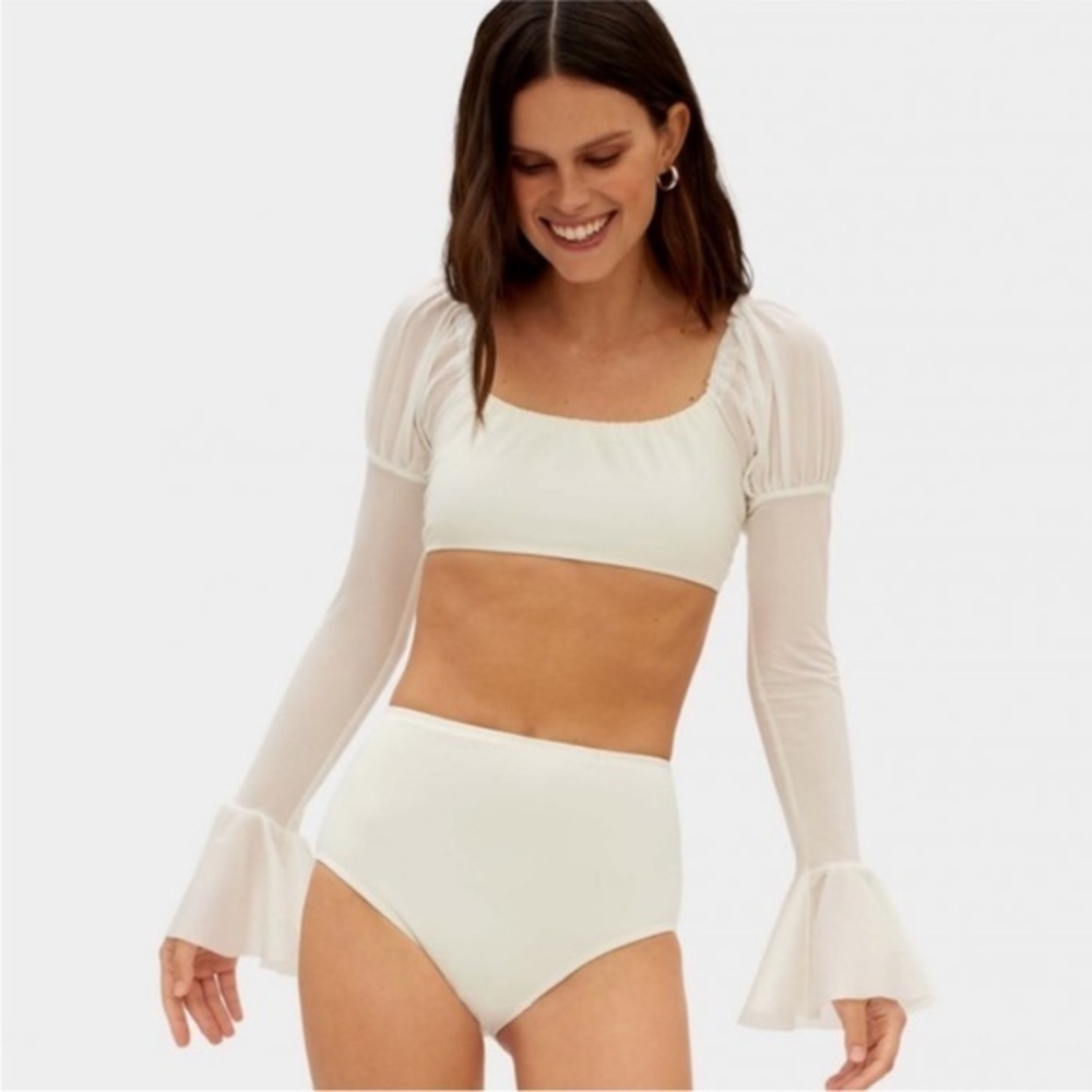 SET NWT Sleeper Off White Long Puff Sleeve Crop Swim Top S- Bottoms XS